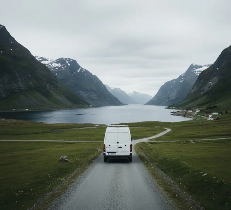 Camper driving through Lofoten Island Norway