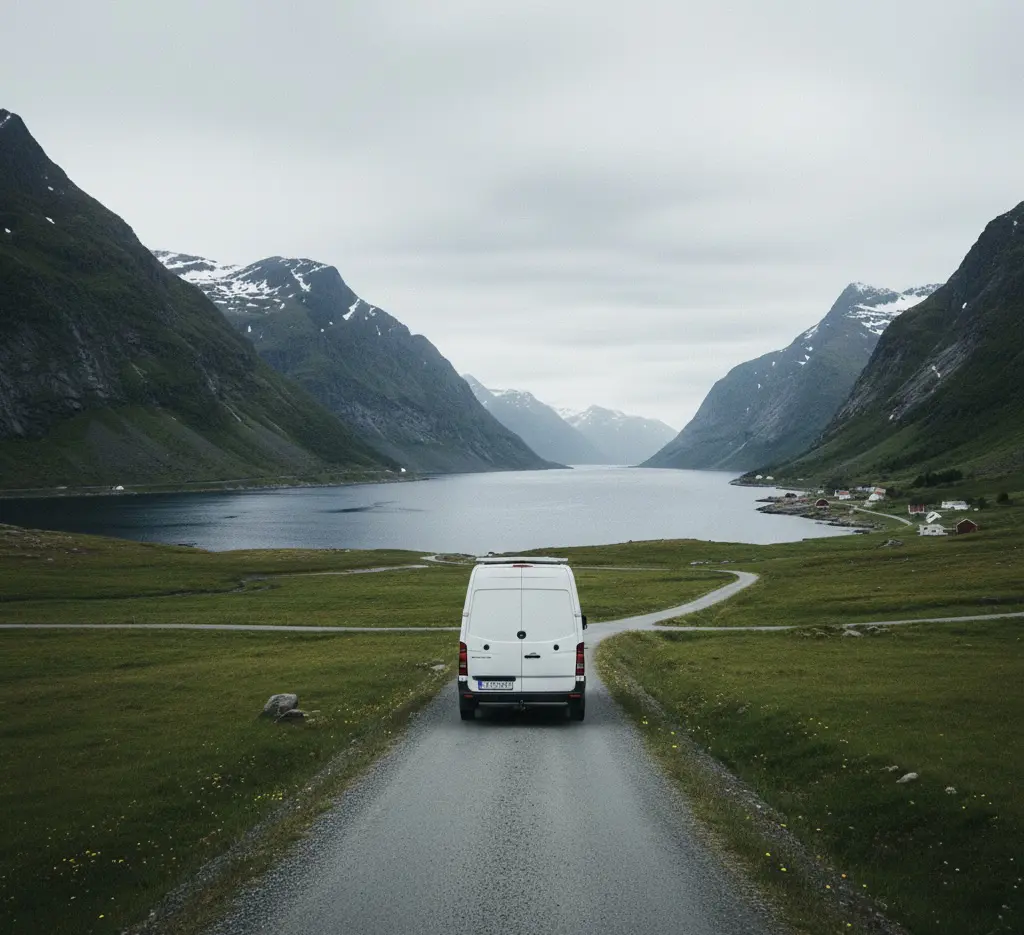 Camper driving through Lofoten Island Norway