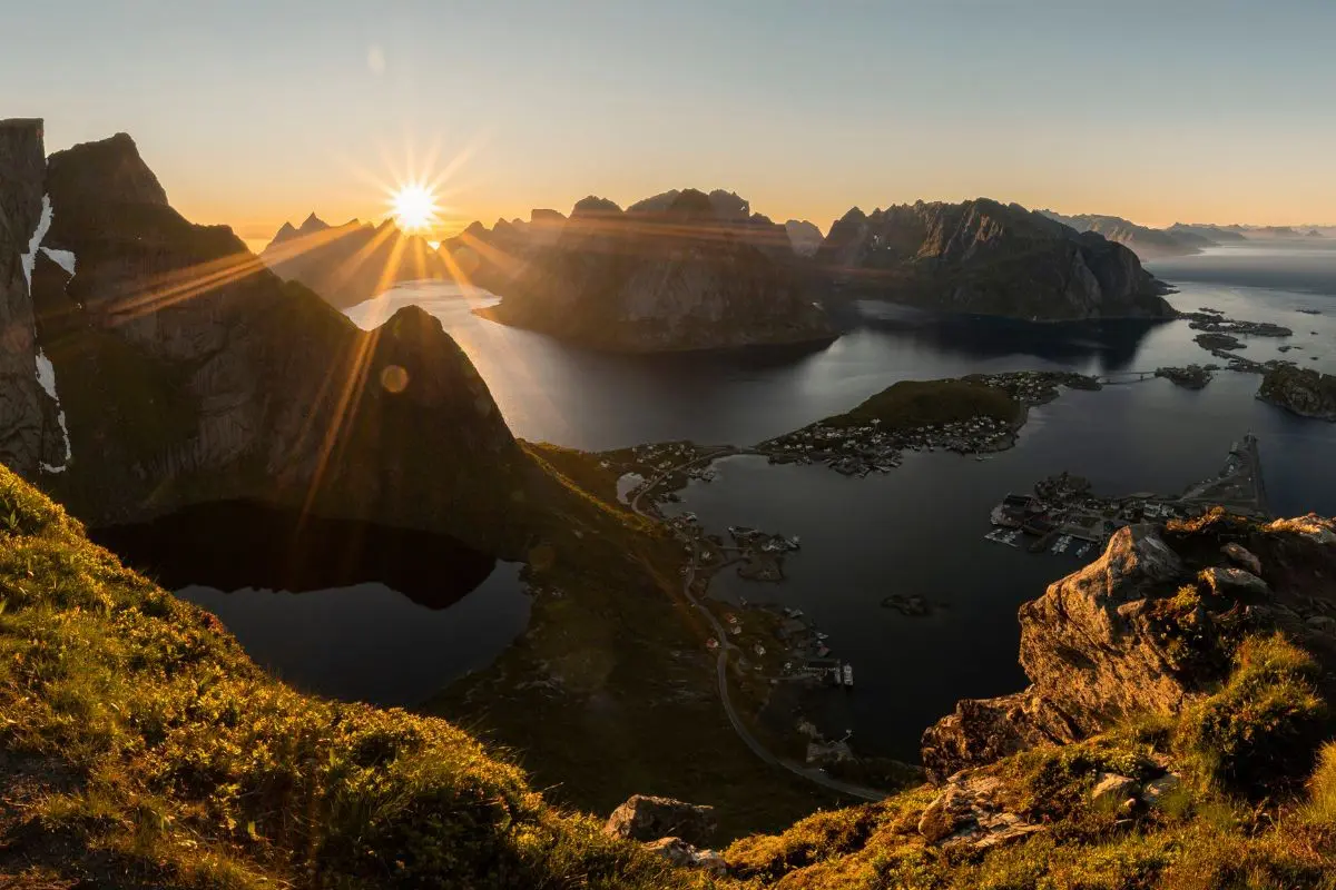 sunrise over Lofoten islands with mountains and villages