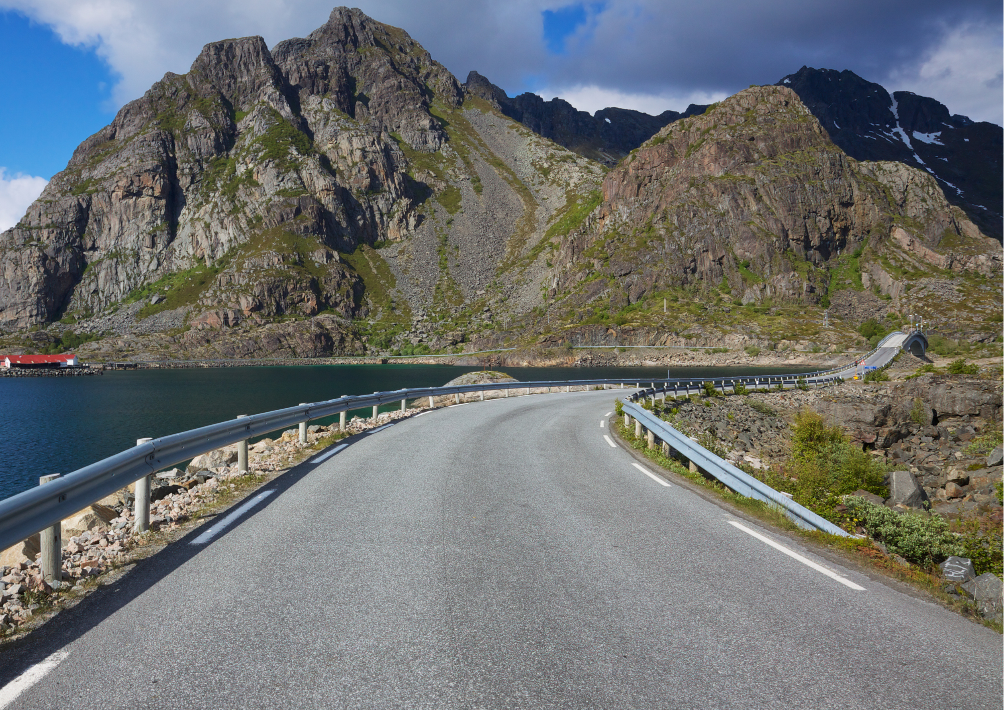 winding road through mountains and lake in Lofoten, Norway
