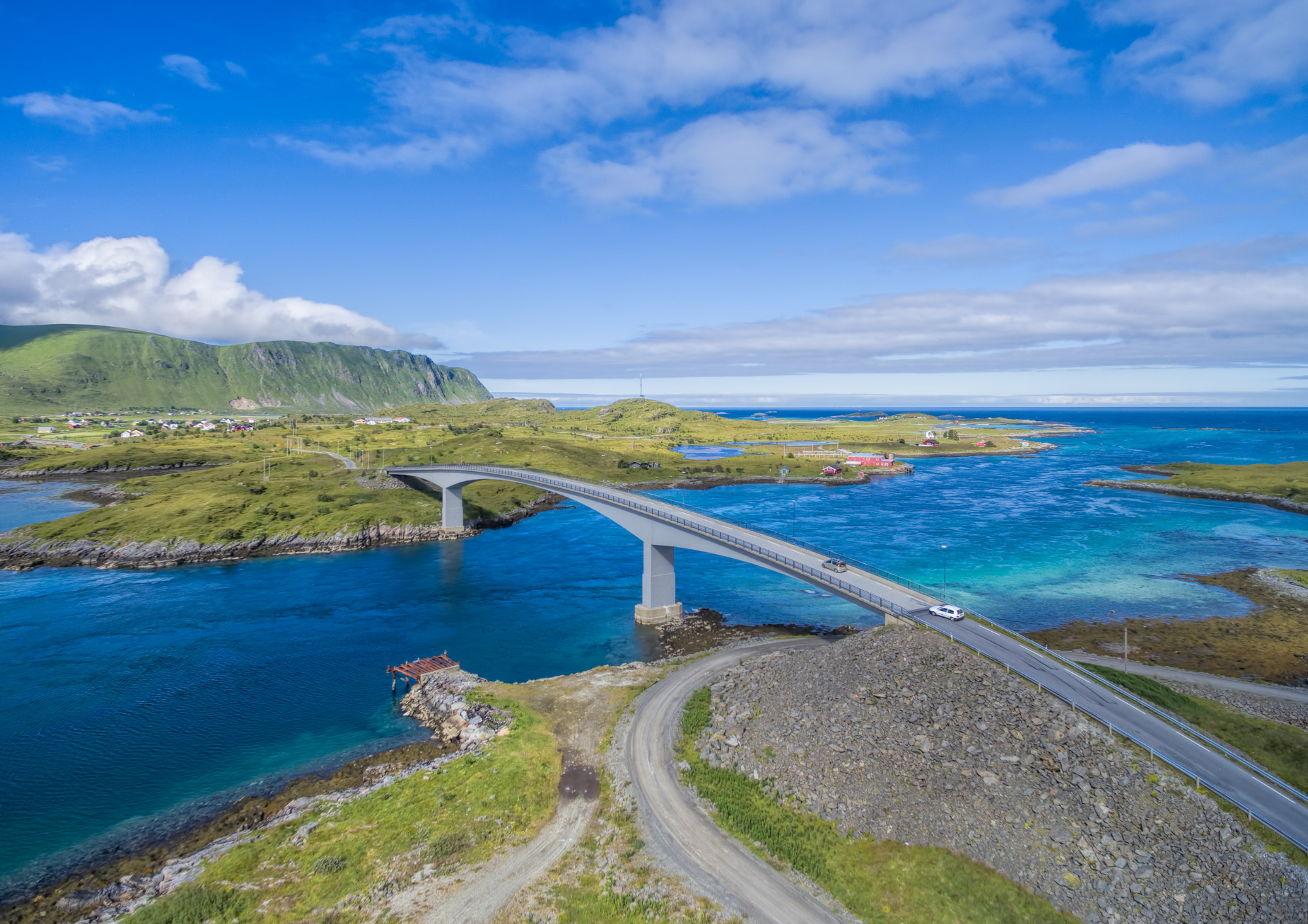 drone shot of a bridge connecting islands in Lofoten, Norway