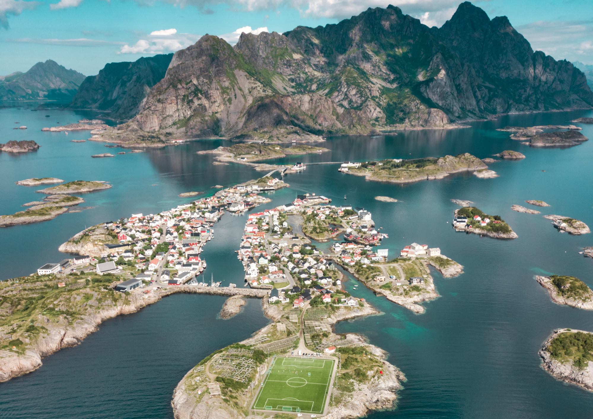 aerial view of Henningsvaer village and football field in Lofoten, Norway