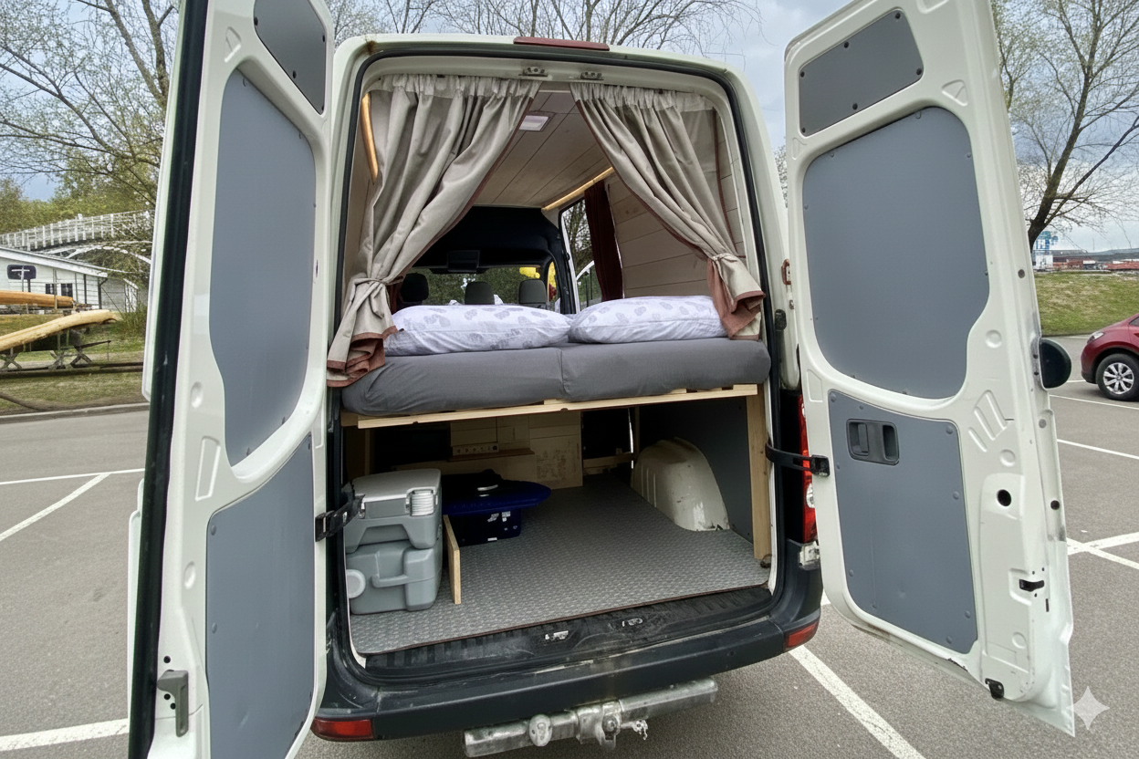 camper van interior with bed and storage