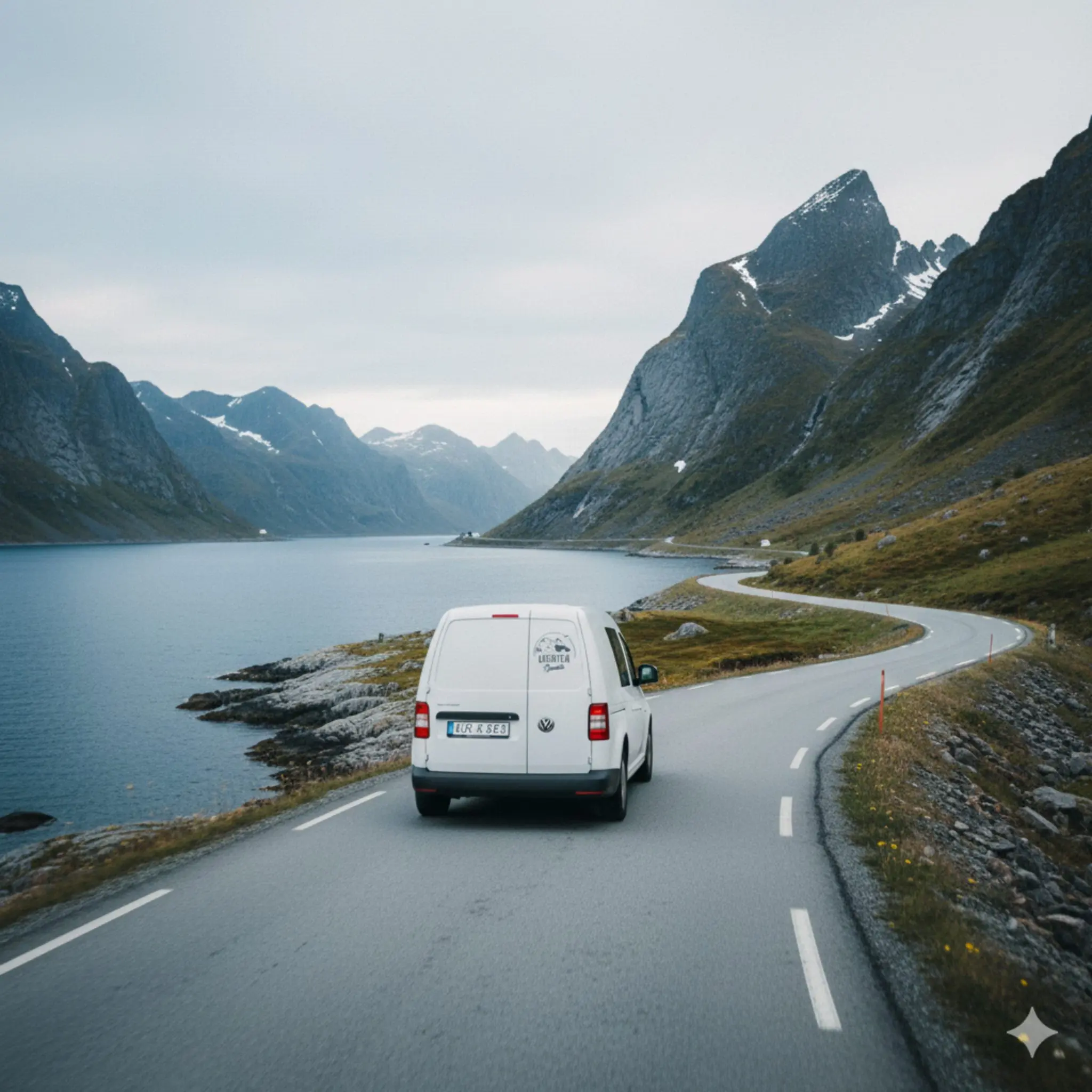 white camper van driving on winding road by a fjord