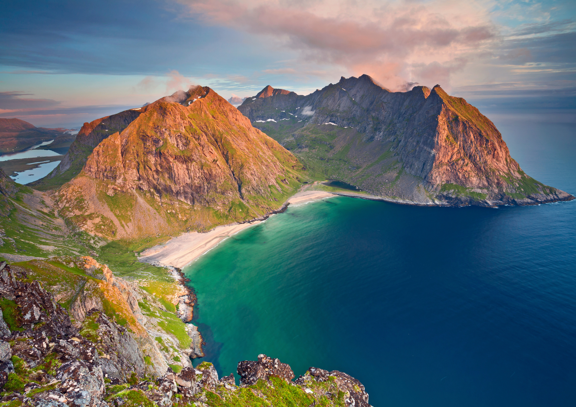 aerial view of Haukland and Vik beaches in Lofoten at sunset