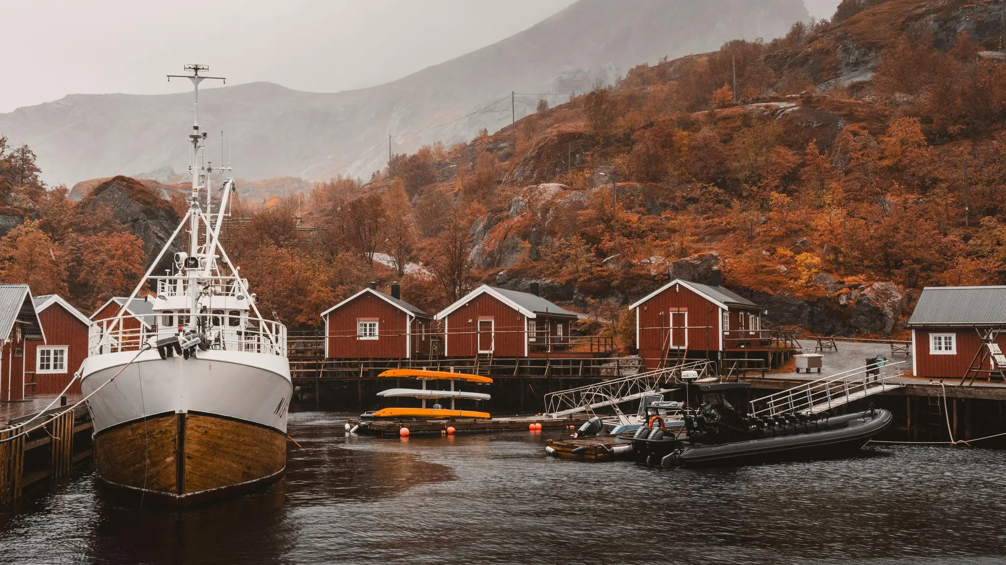 fishing boat and red cabins in a Norwegian fjord